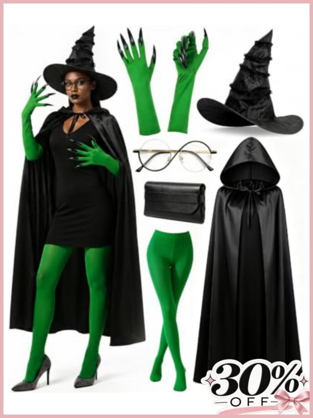 6Pc Witch Costume Set Hat Cape Gloves Tights Halloween Cosplay